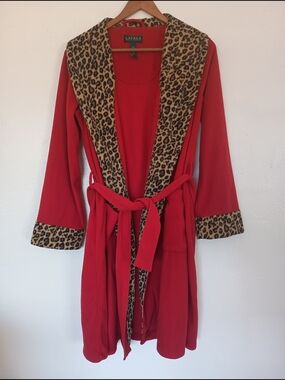Lauren Ralph Lauren Red Leopard Trim Cozy Fleece Robe